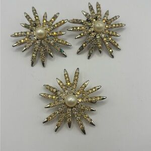 Vintage Emmons Starburst Brooch & Clip Earrings Set AB Rhinestone Pearl a1110
